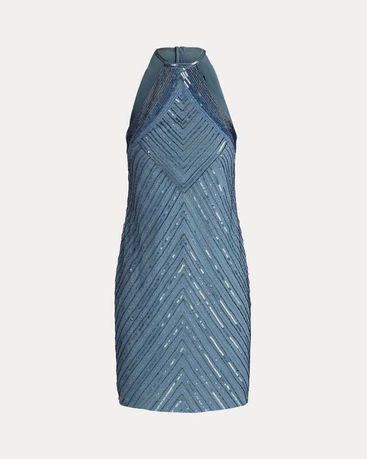 Ralph Lauren Beaded Mesh Halter Cocktail Dress