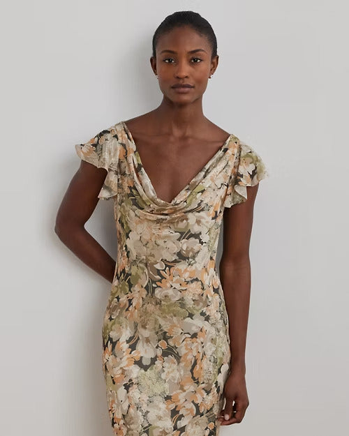 Ralph Lauren Floral Metallic Jacquard Cowlneck Gown