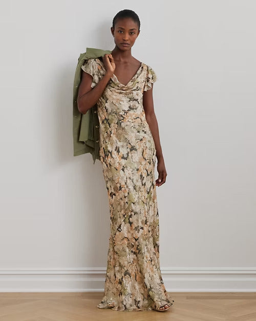 Ralph Lauren Floral Metallic Jacquard Cowlneck Gown