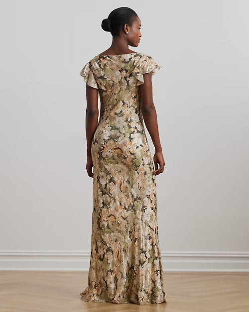 Ralph Lauren Floral Metallic Jacquard Cowlneck Gown