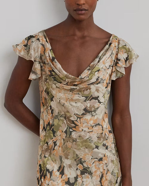 Ralph Lauren Floral Metallic Jacquard Cowlneck Gown