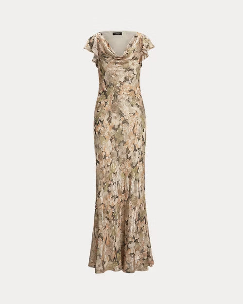 Ralph Lauren Floral Metallic Jacquard Cowlneck Gown