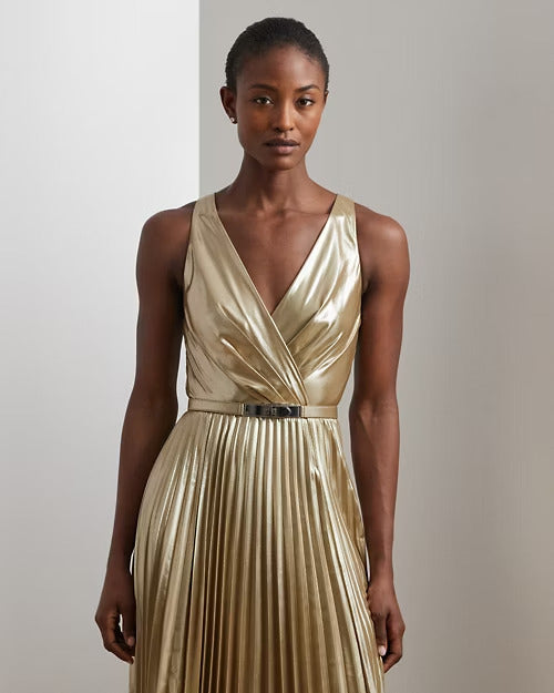 Ralph Lauren Belted Metallic Chiffon Surplice Gown