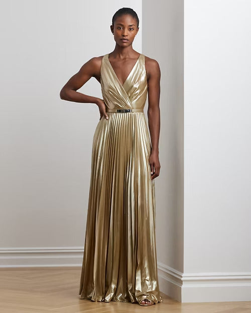 Ralph Lauren Belted Metallic Chiffon Surplice Gown