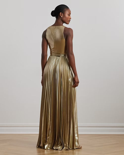 Ralph Lauren Belted Metallic Chiffon Surplice Gown