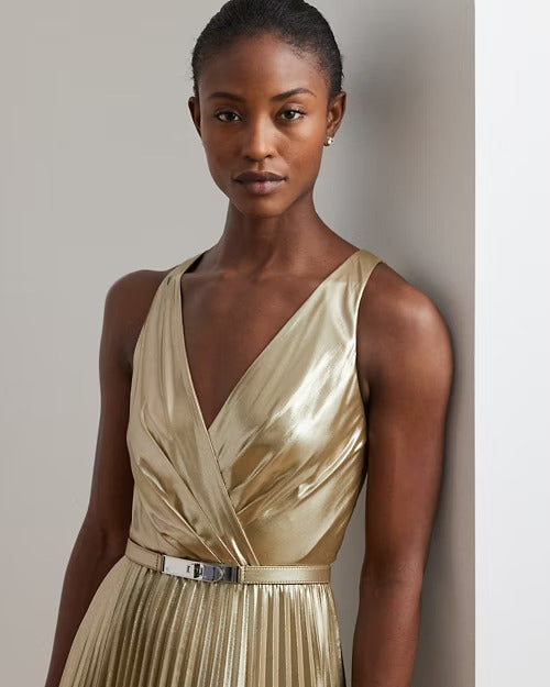 Ralph Lauren Belted Metallic Chiffon Surplice Gown