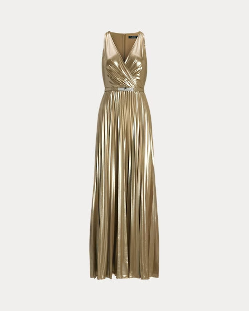 Ralph Lauren Belted Metallic Chiffon Surplice Gown