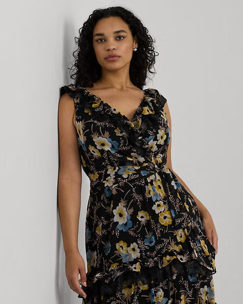 Ralph Lauren Floral Ruffle-Trim Georgette Gown