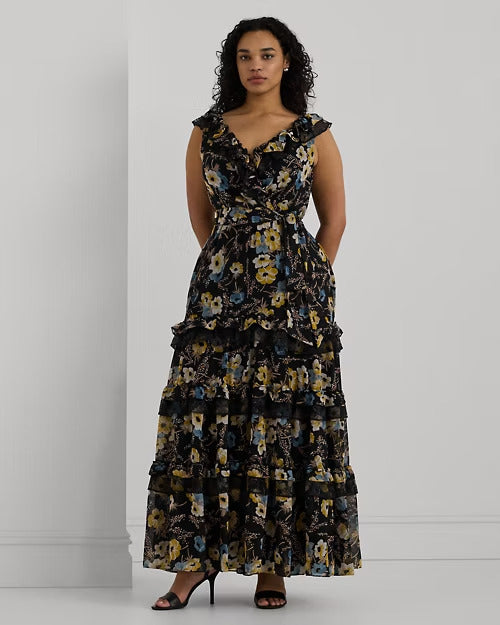 Ralph Lauren Floral Ruffle-Trim Georgette Gown