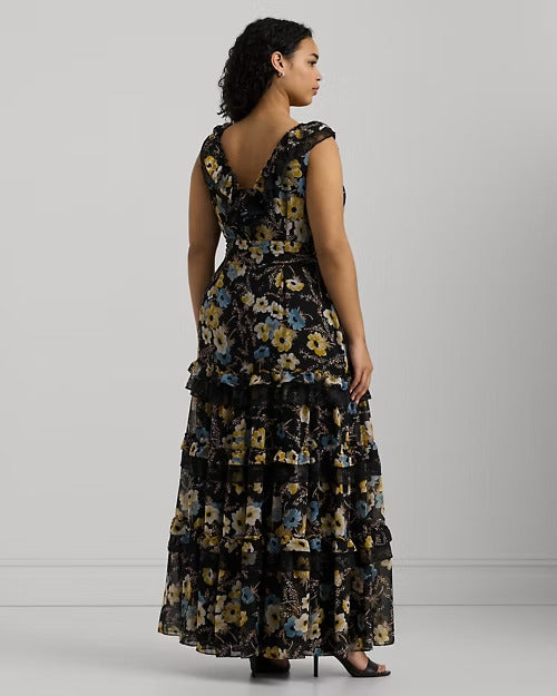 Ralph Lauren Floral Ruffle-Trim Georgette Gown