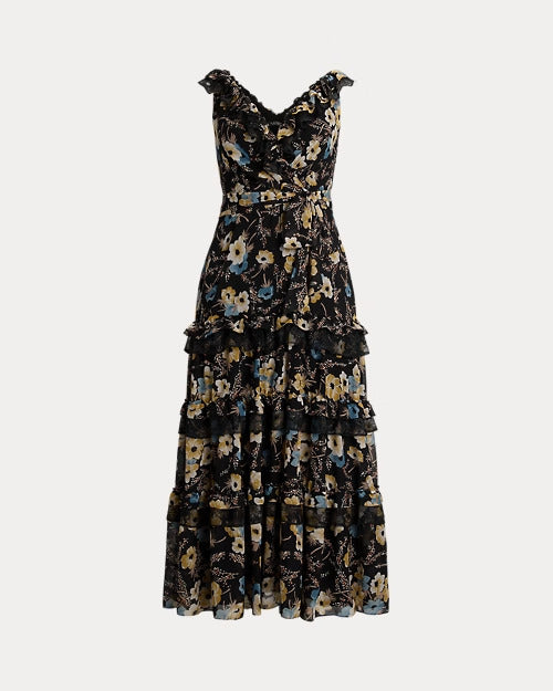 Ralph Lauren Floral Ruffle-Trim Georgette Gown