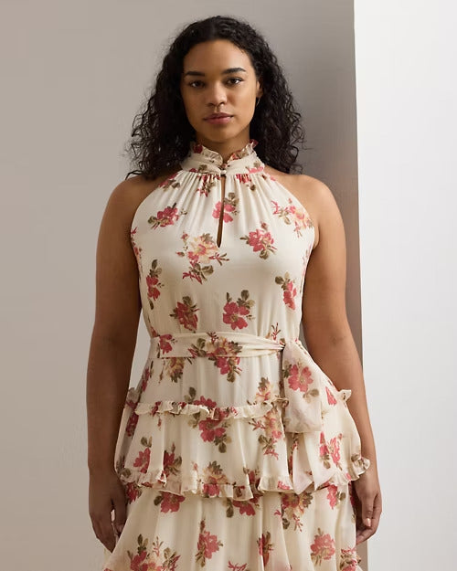 Ralph Lauren Floral Crinkle Georgette Tiered Gown