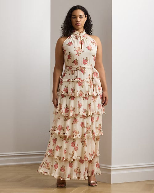 Ralph Lauren Floral Crinkle Georgette Tiered Gown
