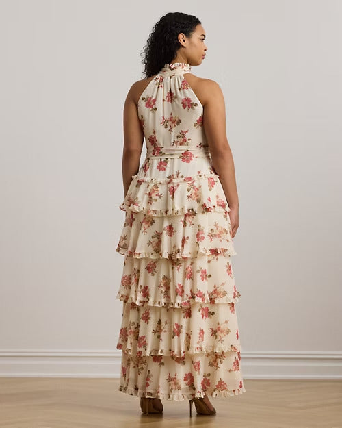 Ralph Lauren Floral Crinkle Georgette Tiered Gown