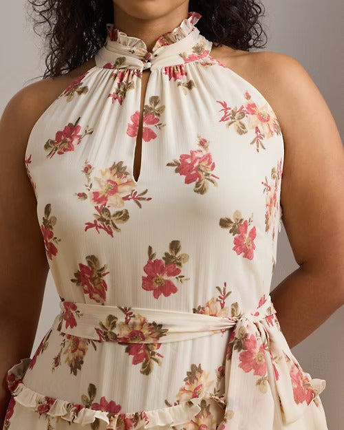 Ralph Lauren Floral Crinkle Georgette Tiered Gown