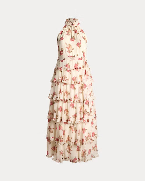 Ralph Lauren Floral Crinkle Georgette Tiered Gown