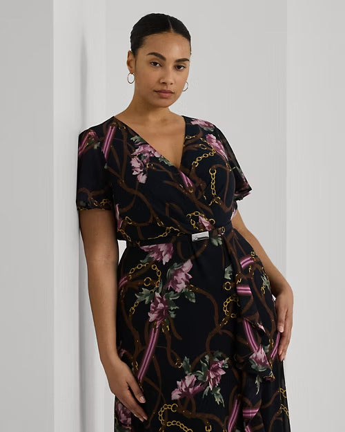 Ralph Lauren Print Belted Flutter-Sleeve Gown