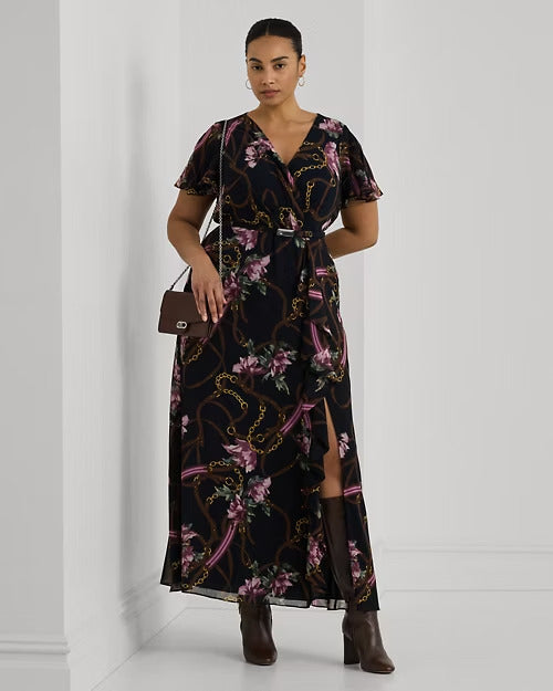 Ralph Lauren Print Belted Flutter-Sleeve Gown