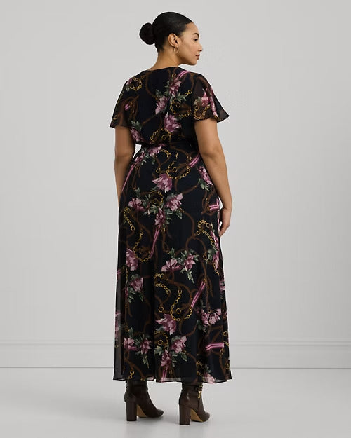 Ralph Lauren Print Belted Flutter-Sleeve Gown