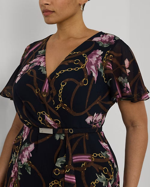 Ralph Lauren Print Belted Flutter-Sleeve Gown