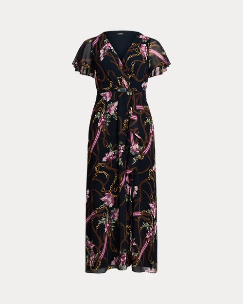 Ralph Lauren Print Belted Flutter-Sleeve Gown
