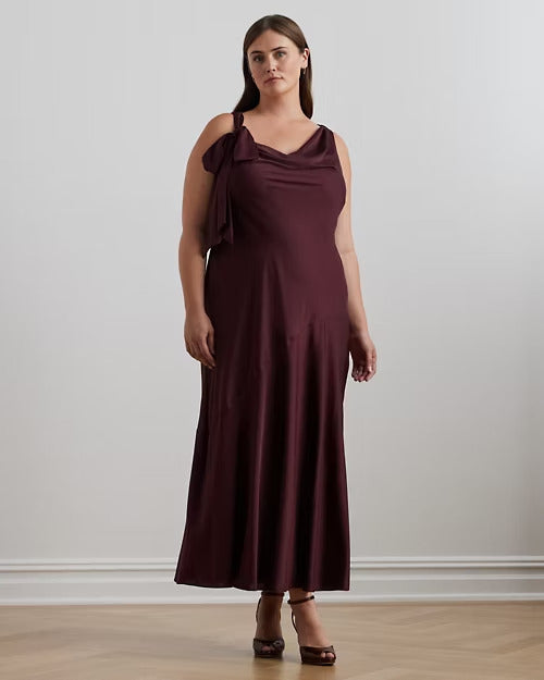 Ralph Lauren Bow-Trim Charmeuse Cowlneck Gown