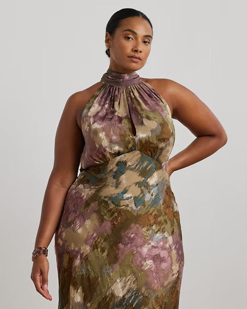 Ralph Lauren Floral Burnout Satin Halter Gown