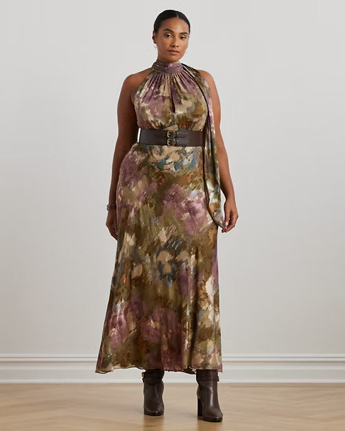 Ralph Lauren Floral Burnout Satin Halter Gown