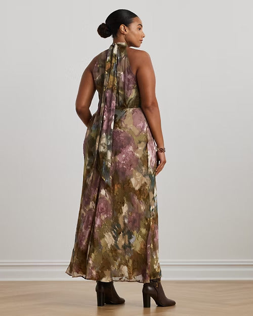 Ralph Lauren Floral Burnout Satin Halter Gown