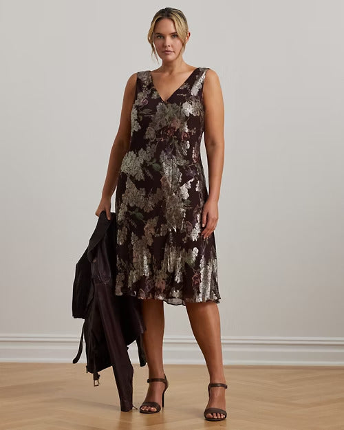 Ralph Lauren Floral Metallic Jacquard Cocktail Dress