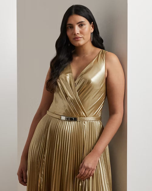 Ralph Lauren Belted Metallic Chiffon Surplice Gown