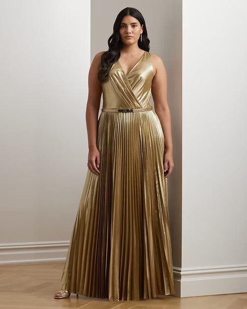 Ralph Lauren Belted Metallic Chiffon Surplice Gown