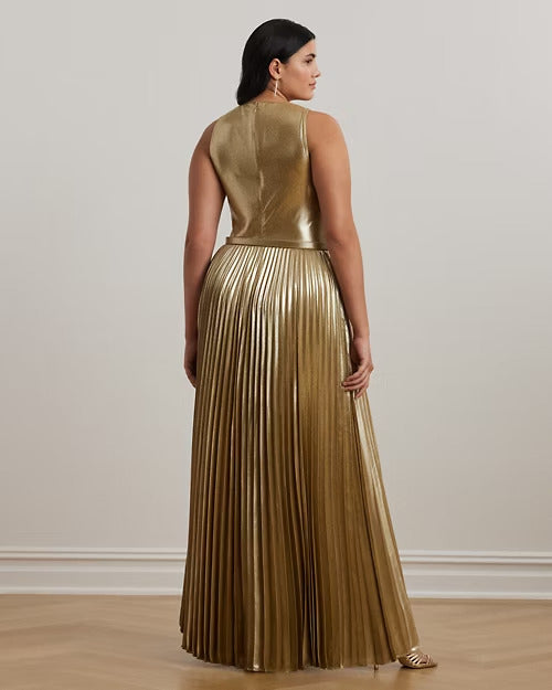 Ralph Lauren Belted Metallic Chiffon Surplice Gown