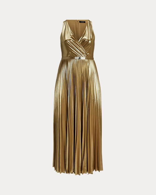 Ralph Lauren Belted Metallic Chiffon Surplice Gown