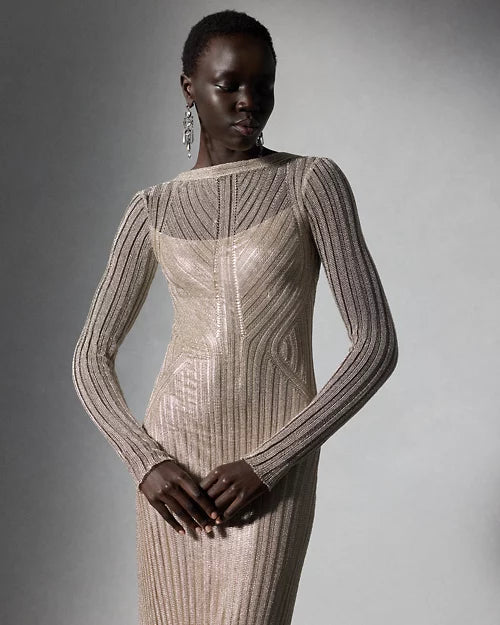 Ralph Lauren Metallic Sweater Evening Dress