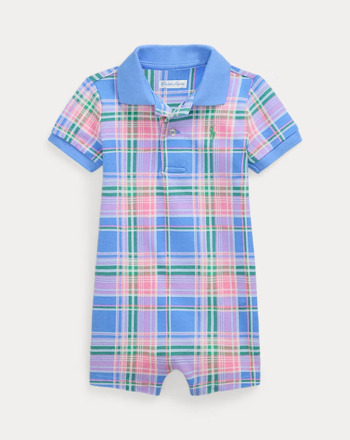 Ralph Lauren Plaid-Print Cotton Mesh Polo Shortall