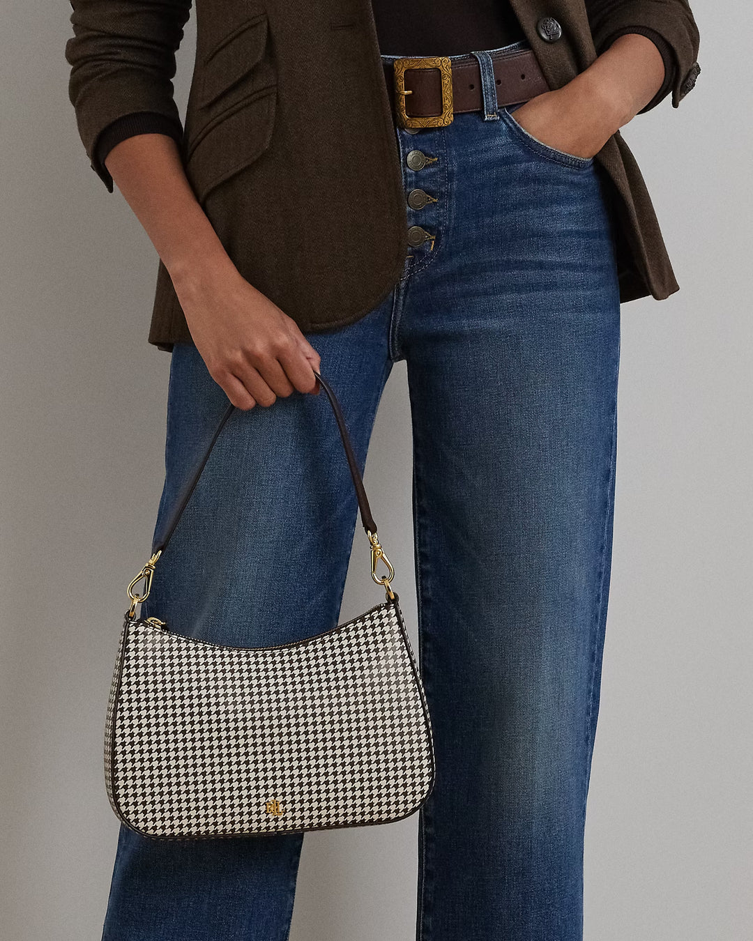 Ralph Lauren Houndstooth Leather Medium Danni Bag