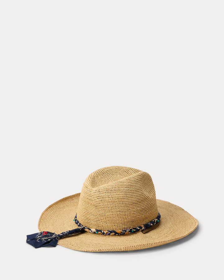Ralph Lauren Scarf-Trim Raffia Hat