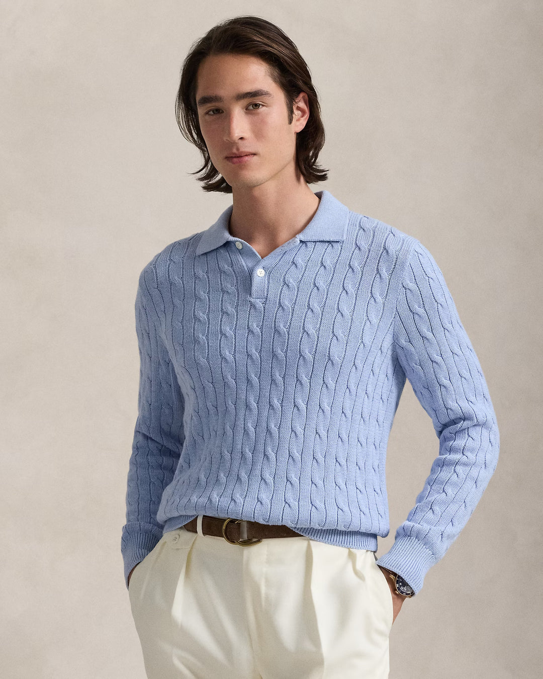 Ralph Lauren Cable-Knit Cotton Polo-Collar Sweater