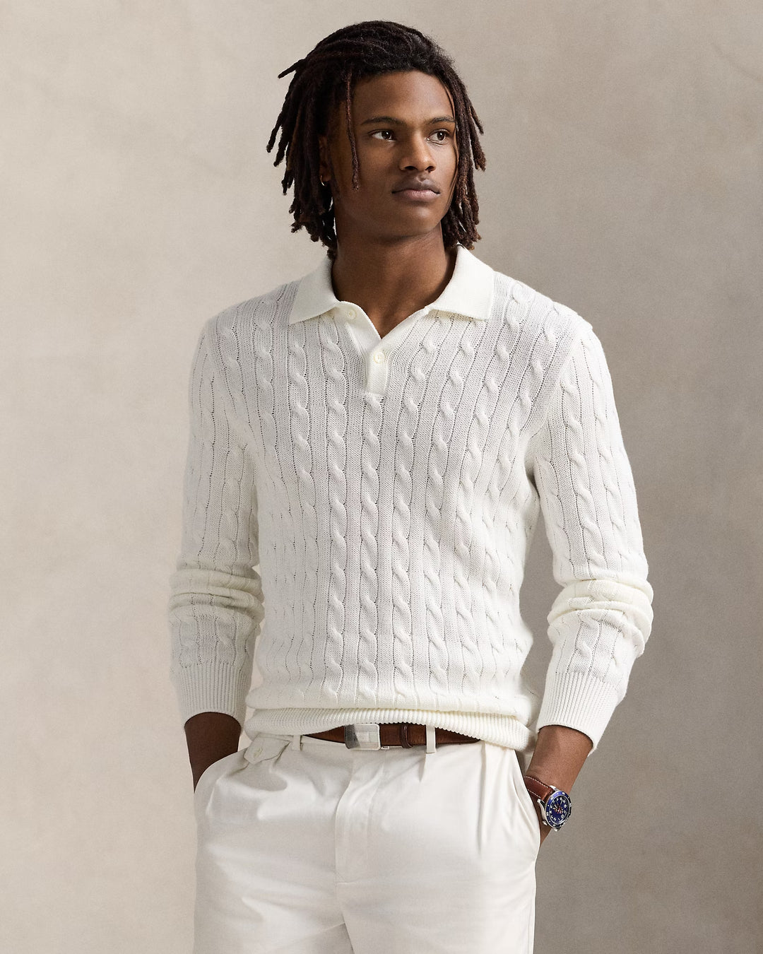 Ralph Lauren Cable-Knit Cotton Polo-Collar Sweater