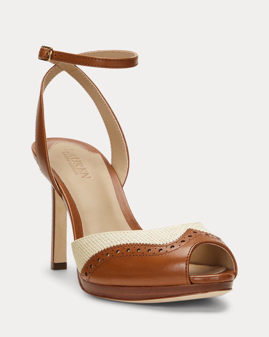 Ralph Lauren Kyla Straw & Calfskin Wingtip Sandal