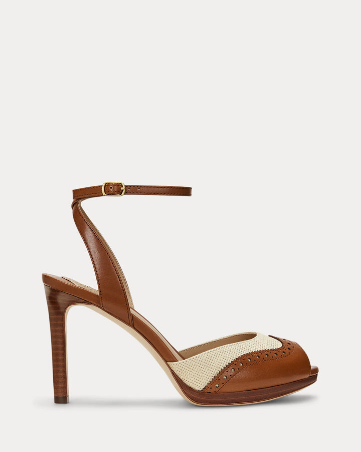 Ralph Lauren Kyla Straw & Calfskin Wingtip Sandal