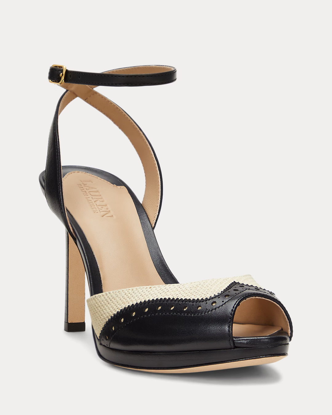Ralph Lauren Kyla Straw & Calfskin Wingtip Sandal