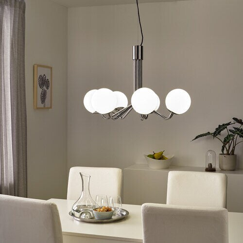 IKEA SIMRISHAMN Chandelier, 7-armed, chrome plated/opal glass, 28 "