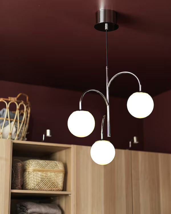 IKEA SIMRISHAMN Pendant lamp, 3-armed, chrome plated/opal glass, 22 "