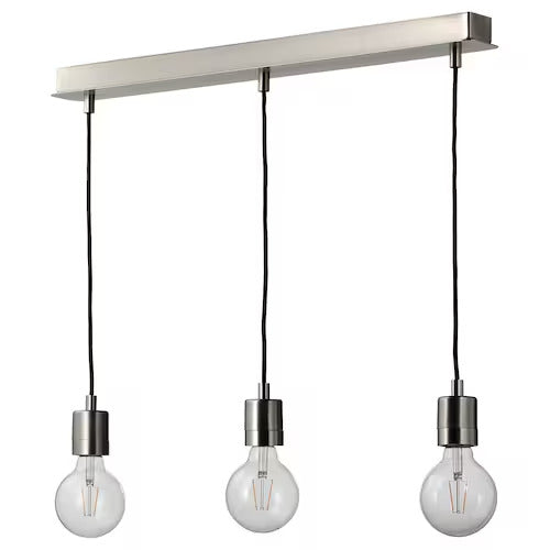 IKEA SKAFTET / LUNNOM Pendant lamp with LED bulb, rectangle nickel plated/globe clear