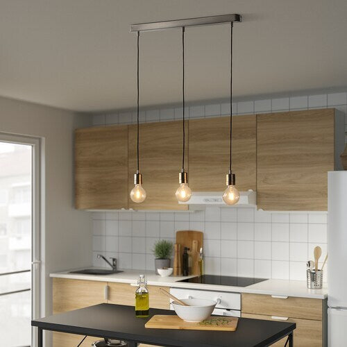 IKEA SKAFTET / LUNNOM Pendant lamp with LED bulb, rectangle nickel plated/globe clear