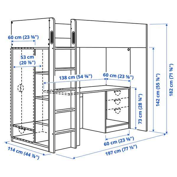 IKEA SMÅSTAD Loft bed frame, desk and storage, white, Twin