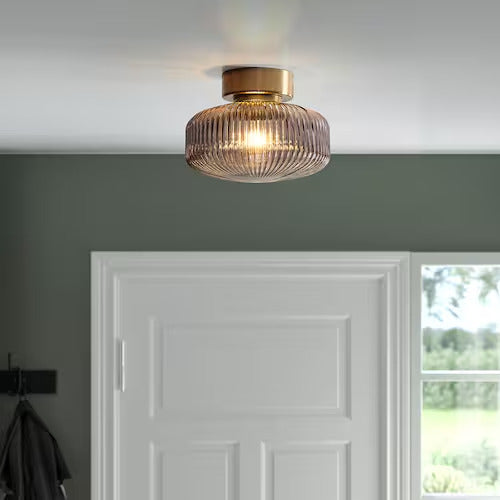 IKEA  SOLKLINT Ceiling lamp, brass/gray clear glass, 11 "