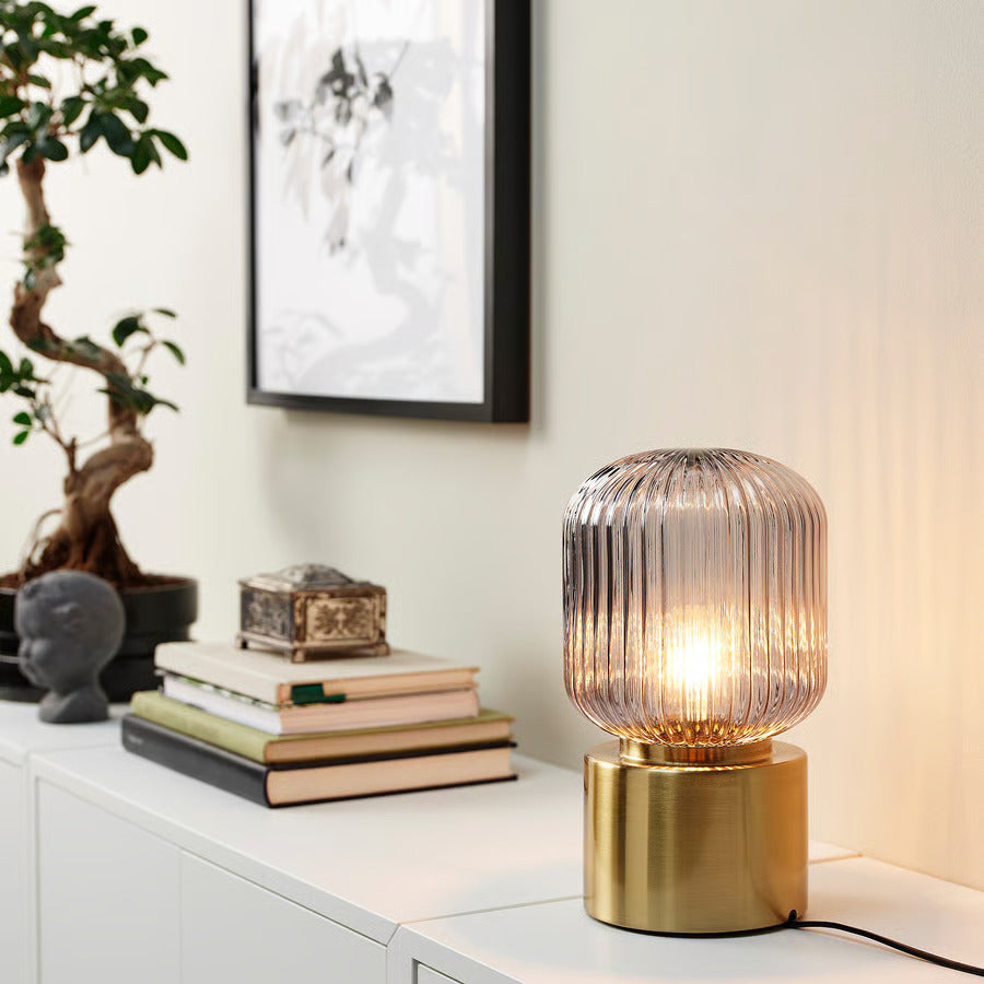 IKEA SOLKLINT Table lamp, brass/gray clear glass, 11 "
